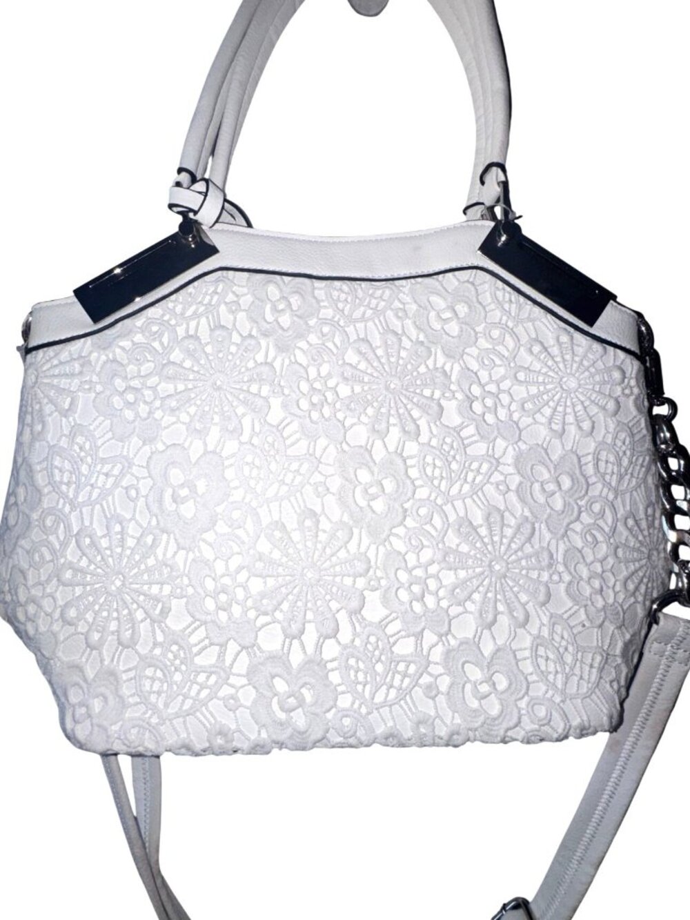 Black rivet Tote White Floral Embroidered Handbag With Adjustable Strap & Chain - Picture 2 of 10